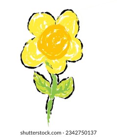 Flower vector, wax crayons like children's hand drawn flower isolated. Pastel chalk or pencil like flower drawn by children's hands on paper. Brush painting style, coloring style with crayon. Spring 
