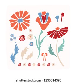 Flower Vectro Elements Illustration Set.  Drawn Colorful Blooms, Weeds, Blossom in Folk Art Style, Hand Painted
Isolated Floral Stems for Spring Decor, Blog Icon, Scrapbook, Floral Garden Packaging.