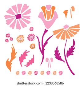 Flower Vectro Elements Illustration Set. Drawn Colorful Blooms, Weeds, Blossom in Folk Art Style, Hand Painted Isolated Floral Stems for Spring Decor, Blog Icon, Scrapbook, Floral Garden Packaging.