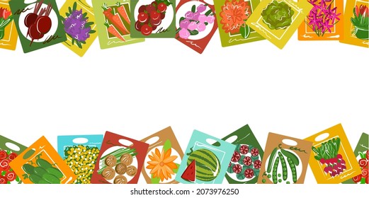 Flower and vegetable seeds in a bright colored style. A banner with a place to insert inscriptions. For spring plantings.