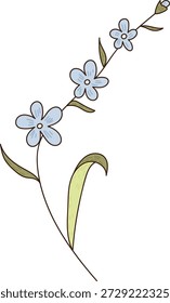 Vinha de flor com pequena flor de cinco pétalas e folha fina em um caule curvo, desenhado à mão com contornos limpos. Símbolo de delicadeza, crescimento e elegância da natureza. Ilustração de vetor de desenhos animados.