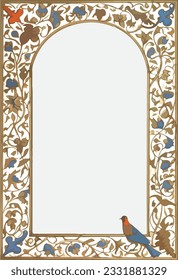 Flower and vine vector border with bird in corner, arched copy area