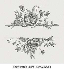 Flower vintage border. Vector roses botanical drawing. Isolated sketch. Engraved bouquet with leaves and berries. Wedding invitation, label template, anniversary card design