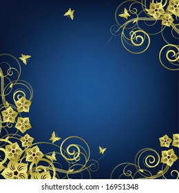 Flower vintage frame Ornament of golden flower branches  leaves and butterflies on blue background VECTOR (See Jpeg Also In My Portfolio)