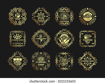 Flower vintage isolated label set. Floral symbol. Collection of old fames. Retro flower logo for your boutique. Badge collection with Tulip, star, rose, flower, pot, bouquet, leaf, whirlwind.