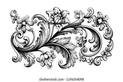 Flower vintage scroll Baroque Victorian frame border rose peony floral ornament leaf engraved retro pattern decorative design tattoo black and white filigree calligraphic vector