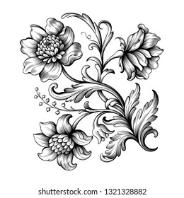 Flower Vintage Scroll Baroque Victorian Frame Border Rose Peony Floral Ornament Leaf Engraved Retro Pattern Decorative Design Tattoo Black And White Filigree Calligraphic Vector