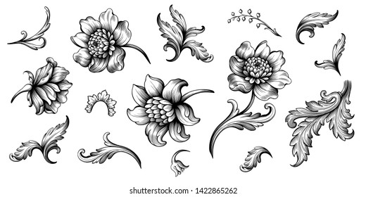 Flower vintage scroll Baroque Victorian frame border rose peony floral ornament leaf engraved retro pattern decorative design tattoo black and white filigree calligraphic vector