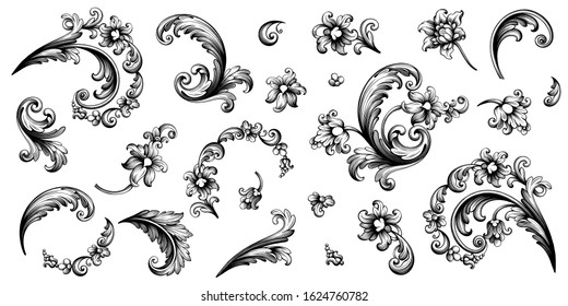 Flower vintage scroll Baroque Victorian frame border rose peony floral ornament leaf engraved retro pattern decorative design tattoo black and white filigree calligraphic vector