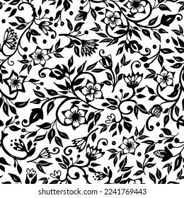 Blumenvintage nahtloses Muster mit Blumen und Blättern auf gewölbten Stielen. Handgezeichnete barocke Vektorschmuck. Dekorative Blumenelemente. Naiver und skizzenhafter Stil. Pinselgezeichnetes Retro-Monochrom-Muster.
