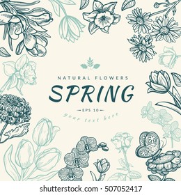 Flower vintage styled sketch background. Frame composition perfect for cards and invitations. Vector illustration easy to edit.