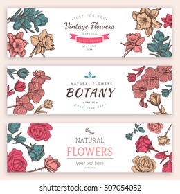 Flower vintage styled sketch banners. Frame composition perfect for invitations. Vector illustration easy to edit.