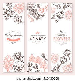Flower vintage styled sketch banners. Frame composition perfect for invitations. Vector illustration easy to edit.