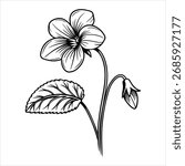 Flower violet tricolor sketch. Set of buds of garden pansies, heartsease, viola plants. Hand drawn vector line illustration.