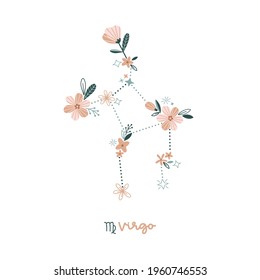 Flower Virgo zodiac sign clip art isolated on white. Celestial floral daisy constellation vector illustration. Magical Boho spiritual bloomy astrological design.