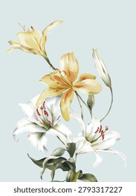 Flower wall art, minimalist stylized watercolor-style Lily Casa Blanca and Lilium Pollyanna flowers on a soft green background