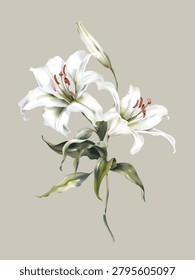 Flower wall art, minimalist stylized watercolor-style white Lily Casa Blanca flowers on a solid brown background