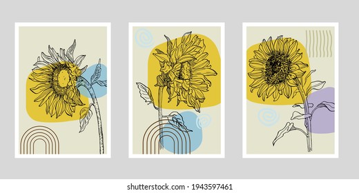 Flower wall art plant of sunflowers set. Foliage of nature line art drawing with abstract shape. Modern Abstract Plant Art design for print, cover, wallpaper, illustration with decor wall art. 