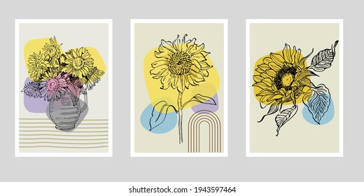 Flower wall art plant of sunflowers set. Foliage of nature line art drawing with abstract shape. Modern Abstract Plant Art design for print, cover, wallpaper, illustration with decor wall art. 