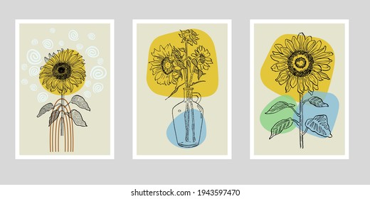 Flower wall art plant of sunflowers set. Foliage of nature line art drawing with abstract shape. Modern Abstract Plant Art design for print, cover, wallpaper, illustration with decor wall art. 