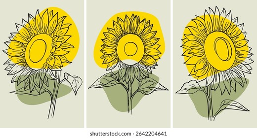 Flower wall art plant of sunflowers set. Foliage of nature line art drawing with abstract shape. Modern Abstract Plant Art design for print, cover, wallpaper, illustration with decor wall art.