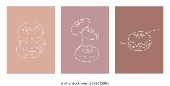 Flower wall art set, minimalist single white line drawing of bagels on shades of brown and mauve background