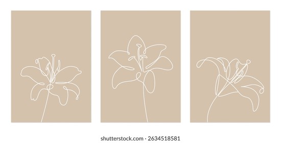 Flower wall art set, minimalist single white line drawing of lily flowers on a beige background