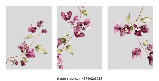 Flower wall art set, minimalist stylized watercolor-style dark pink Bougainvillea flowers on a soft gray background