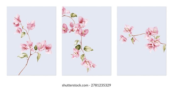 Flower wall art set, minimalist stylized watercolor-style pink Bougainvillea flowers on a soft gray background