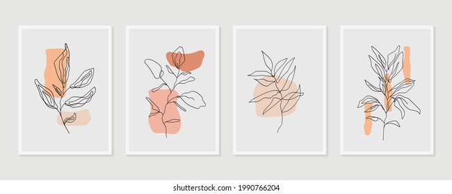 Flower  wall art vector set. Earth tone boho foliage flower line art drawing. Abstract Plant Art design for print, cover, wallpaper, Minimal and natural wall art.