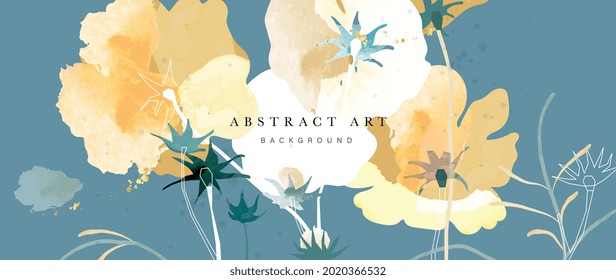 Flower watercolor art background vector. Wallpaper design with floral paint brush line art. Earth tone blue, pink, ivory, beige watercolor Illustration for prints, wall art, cover and invitation.