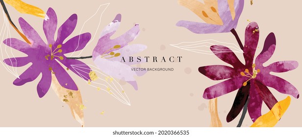 Flower watercolor art background vector. Wallpaper design with floral paint brush line art. Earth tone blue, pink, ivory, beige watercolor Illustration for prints, wall art, cover and invitation.