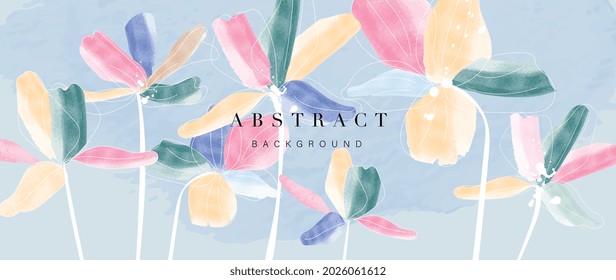 Flower Watercolor Art Background Vector. Wallpaper Design With Floral Paint Brush Line Art. Leaves And Flowers Nature Design For Cover, Wall Art, Invitation, Fabric, Poster, Canvas Print.