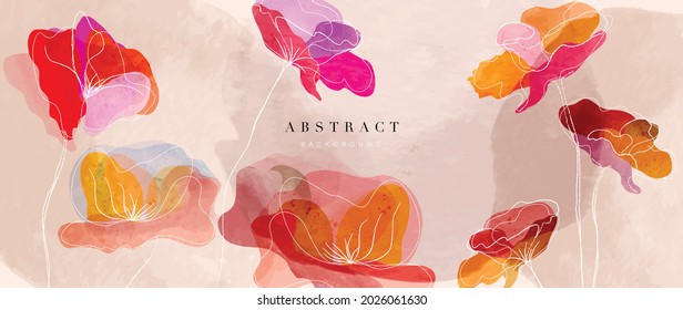 Flower watercolor art background vector. Wallpaper design with floral paint brush line art. leaves and flowers nature design for cover, wall art, invitation, fabric, poster, canvas print.