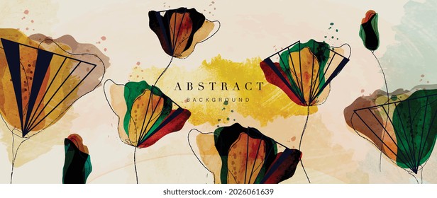 Flower watercolor art background vector. Wallpaper design with floral paint brush line art. leaves and flowers nature design for cover, wall art, invitation, fabric, poster, canvas print.