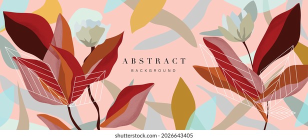 Flower Watercolor Art Background Vector. Wallpaper Design With Floral Paint Brush Line Art. Leaves And Flowers Nature Design For Cover, Wall Art, Invitation, Fabric, Poster, Canvas Print.