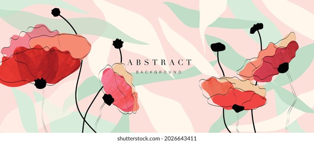 Flower Watercolor Art Background Vector. Wallpaper Design With Floral Paint Brush Line Art. Leaves And Flowers Nature Design For Cover, Wall Art, Invitation, Fabric, Poster, Canvas Print.