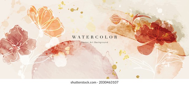 Flower watercolor art background vector. Wallpaper design with floral paint brush line art. leaves and flowers nature design for cover, wall art, invitation, fabric, poster, canvas print.