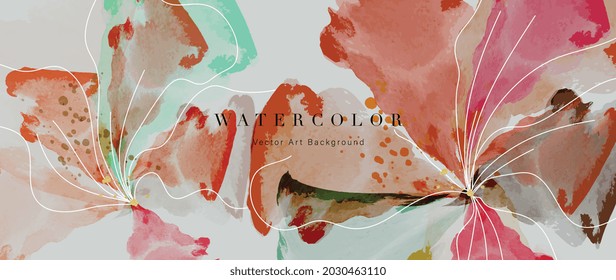 Flower watercolor art background vector. Wallpaper design with floral paint brush line art. leaves and flowers nature design for cover, wall art, invitation, fabric, poster, canvas print.