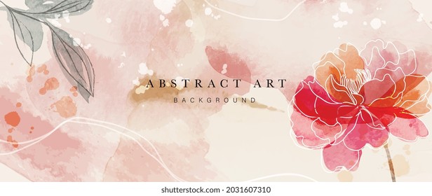 Flower watercolor art background vector. Wallpaper design with floral paint brush line art. leaves and flowers nature design for cover, wall art, invitation, fabric, poster, canvas print.