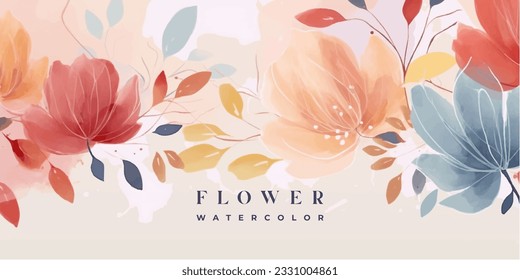 Flower watercolor art background vector. Wallpaper design with floral paint brush line art. leaves and flowers nature design for cover, wall art, invitation, fabric, poster, canvas print.