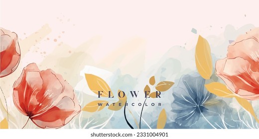 Flower watercolor art background vector. Wallpaper design with floral paint brush line art. leaves and flowers nature design for cover, wall art, invitation, fabric, poster, canvas print.