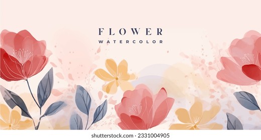 Flower watercolor art background vector. Wallpaper design with floral paint brush line art. leaves and flowers nature design for cover, wall art, invitation, fabric, poster, canvas print.