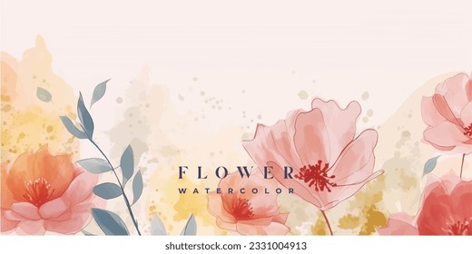 Flower watercolor art background vector. Wallpaper design with floral paint brush line art. leaves and flowers nature design for cover, wall art, invitation, fabric, poster, canvas print.