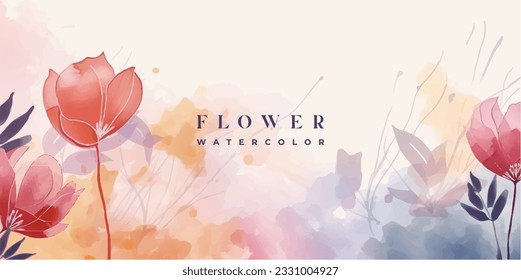 Vector de fondo de arte de acuarela de flores. Diseño de papel tapiz con pincel floral, diseño de hojas y flores para cubierta, arte de pared, invitación, tela, afiche, impresión de lienzo.