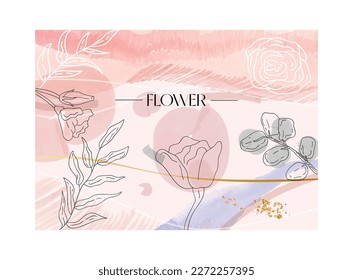 Flower watercolor art. Minimalistic poster with thin elegant lines, plant branches and flowers. Cute organic design element for wall art. Cartoon flat vector illustration isolated on white background