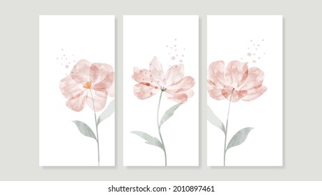 Flor acuarela arte tríptico vector de arte de pared. Antecedentes de arte abstracto con buquetes florales de color naranja y rosa, flor silvestre 
 y diseño de pintura de hojas para la decoración de paredes, afiches y papel pintado.