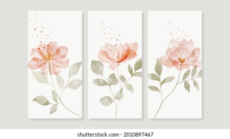 Flower watercolor art triptych wall art vector. Abstract art background with sweet orange and pink Floral Bouquets, Wildflower 
 and leaf  hand paint design for wall decor, poster and wallpaper.