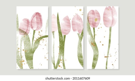 Flower watercolor art triptych wall art vector. Abstract art background with sweet orange and pink Floral Bouquets, Wildflower 
 and leaf  hand paint design for wall decor, poster and wallpaper.
