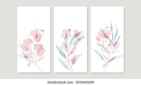 Flower watercolor art triptych wall art vector. Abstract art background with sweet orange and pink Floral Bouquets, Wildflower and leaf  hand paint design for wall decor, poster and wallpaper.